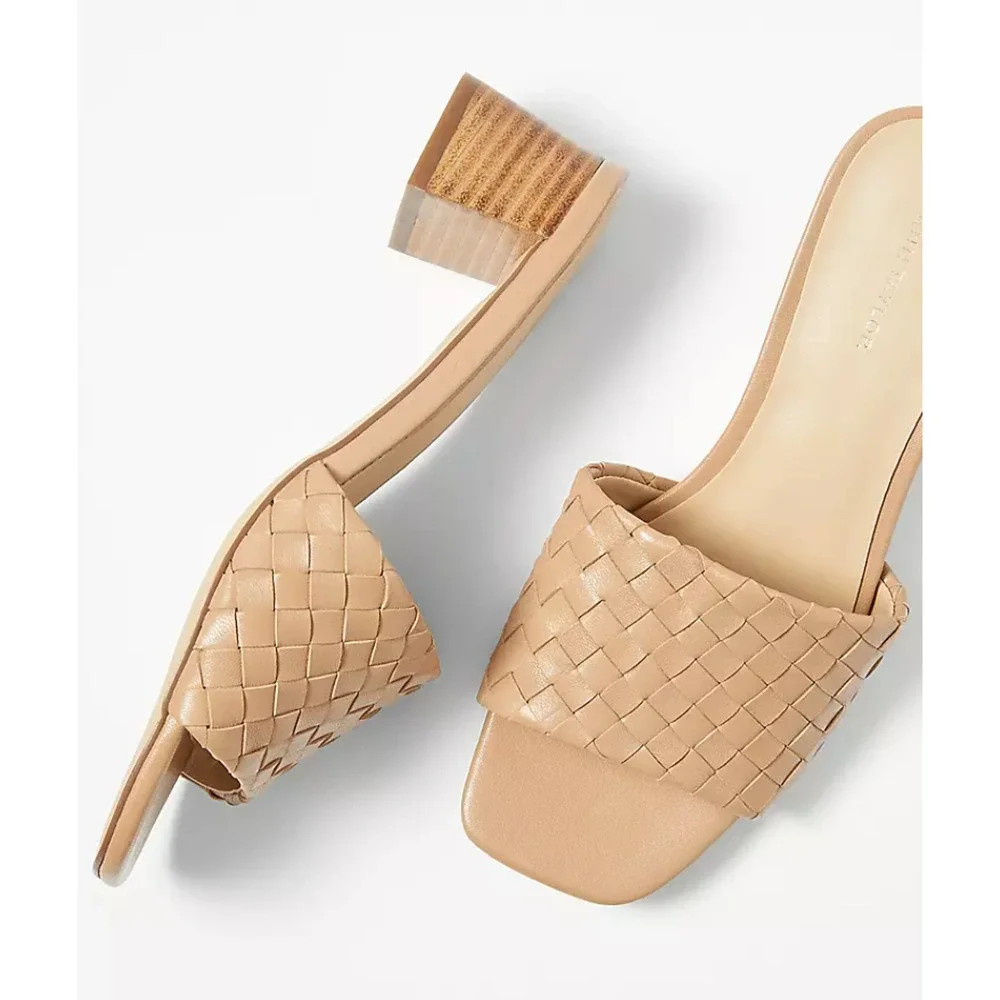 NEW ANN TAYLOR DESERT SAND WOVEN STRAP LEATHER BLOCK HEEL SLIDES SHOES SIZE 8